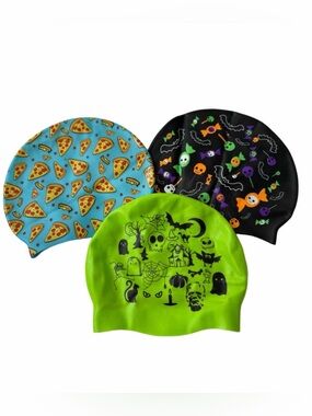 Competitive Swim Team Fun Design Training Swim Caps Set Of 3 Halloween
